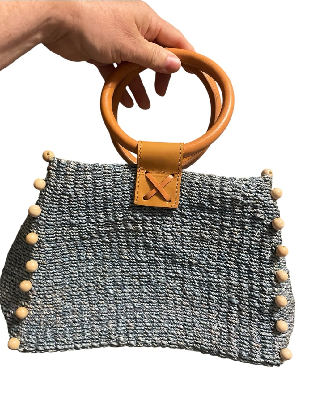 ARNAZ Philippines Blue Woven Straw Handbag Mini Tote Leather Ring Handles Beads - Picture 5 of 14